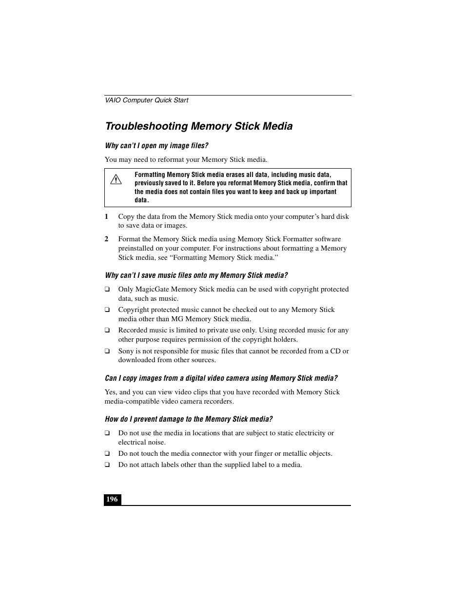 Troubleshooting memory stick media | Sony PCG-GRS100 User Manual | Page 196 / 208