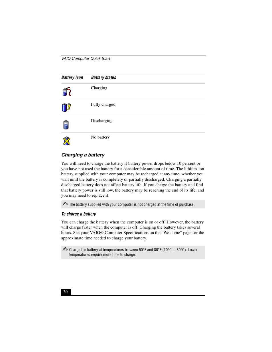 Charging a battery | Sony PCG-GRS100 User Manual | Page 20 / 208