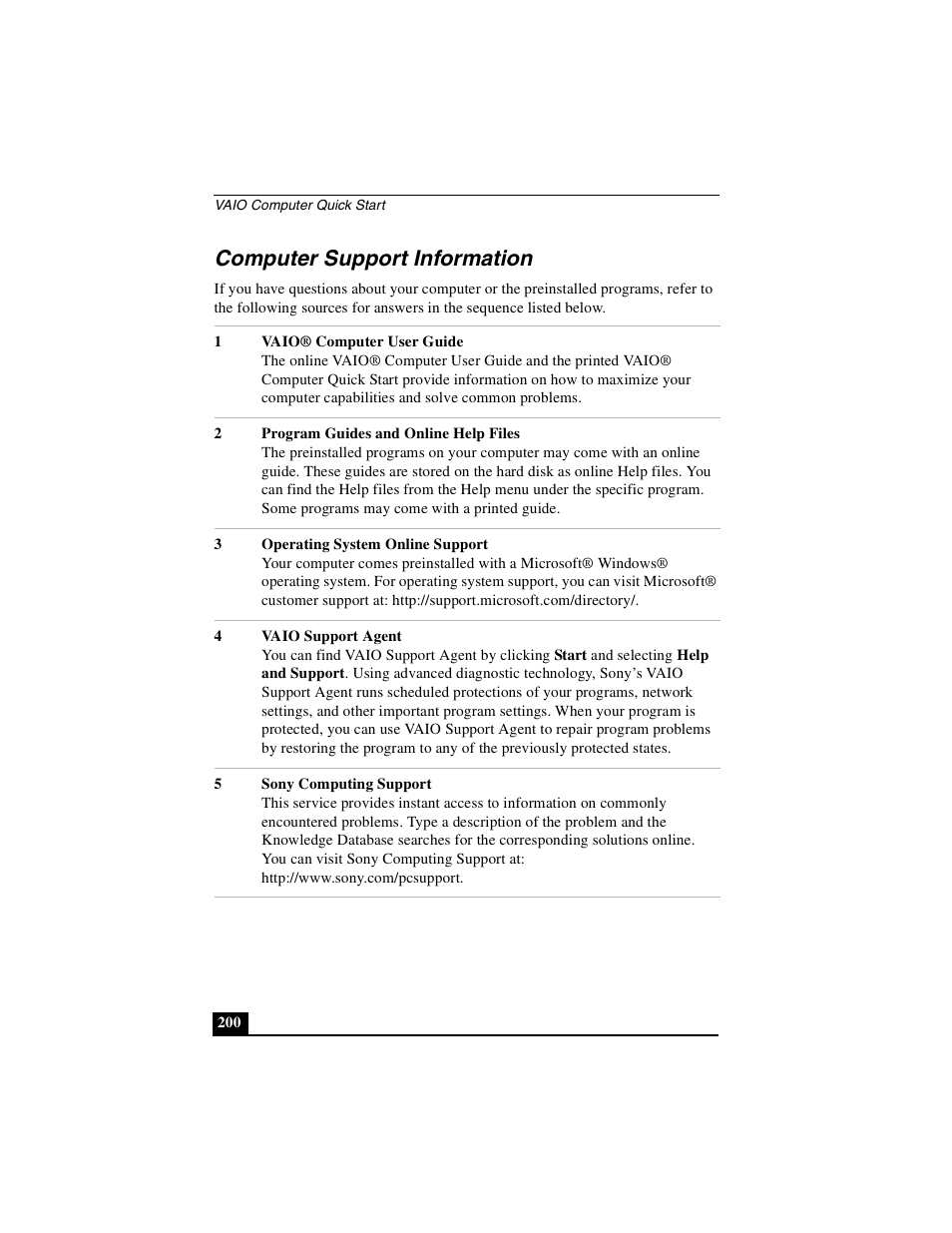 Computer support information | Sony PCG-GRS100 User Manual | Page 200 / 208