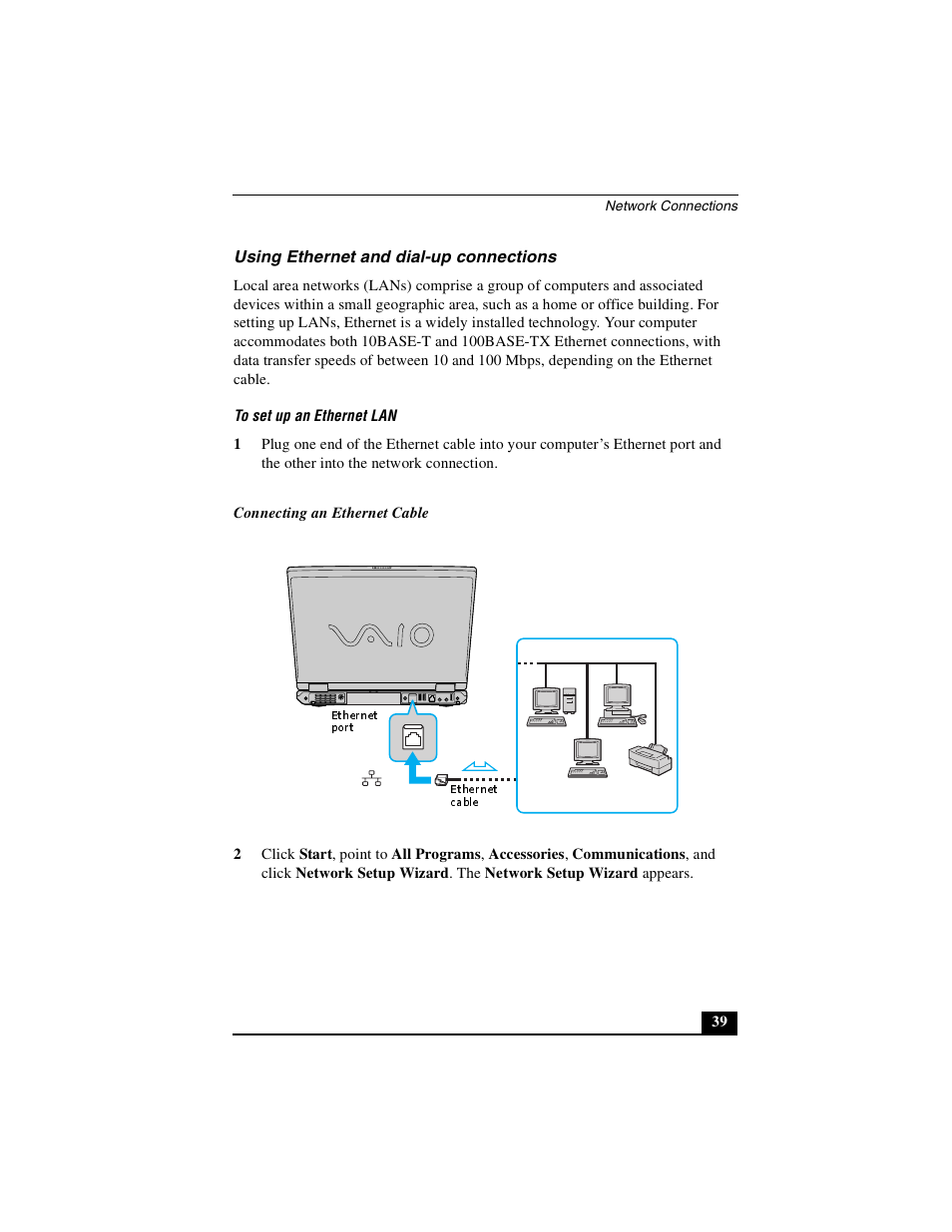 Using ethernet and dial-up connections | Sony PCG-GRS100 User Manual | Page 39 / 208