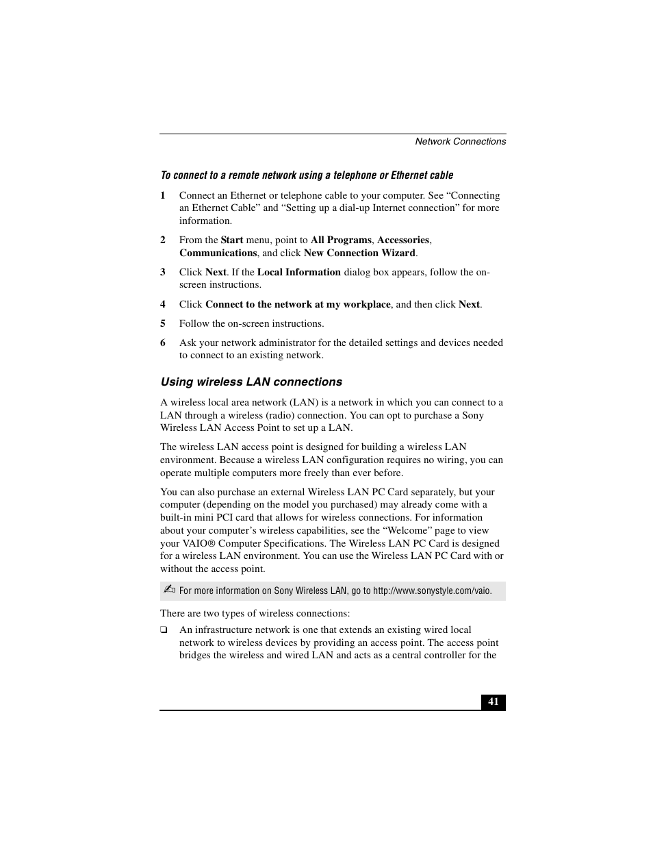 Using wireless lan connections | Sony PCG-GRS100 User Manual | Page 41 / 208
