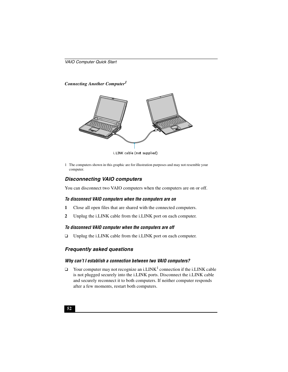 Disconnecting vaio computers, Frequently asked questions | Sony PCG-GRS100 User Manual | Page 52 / 208