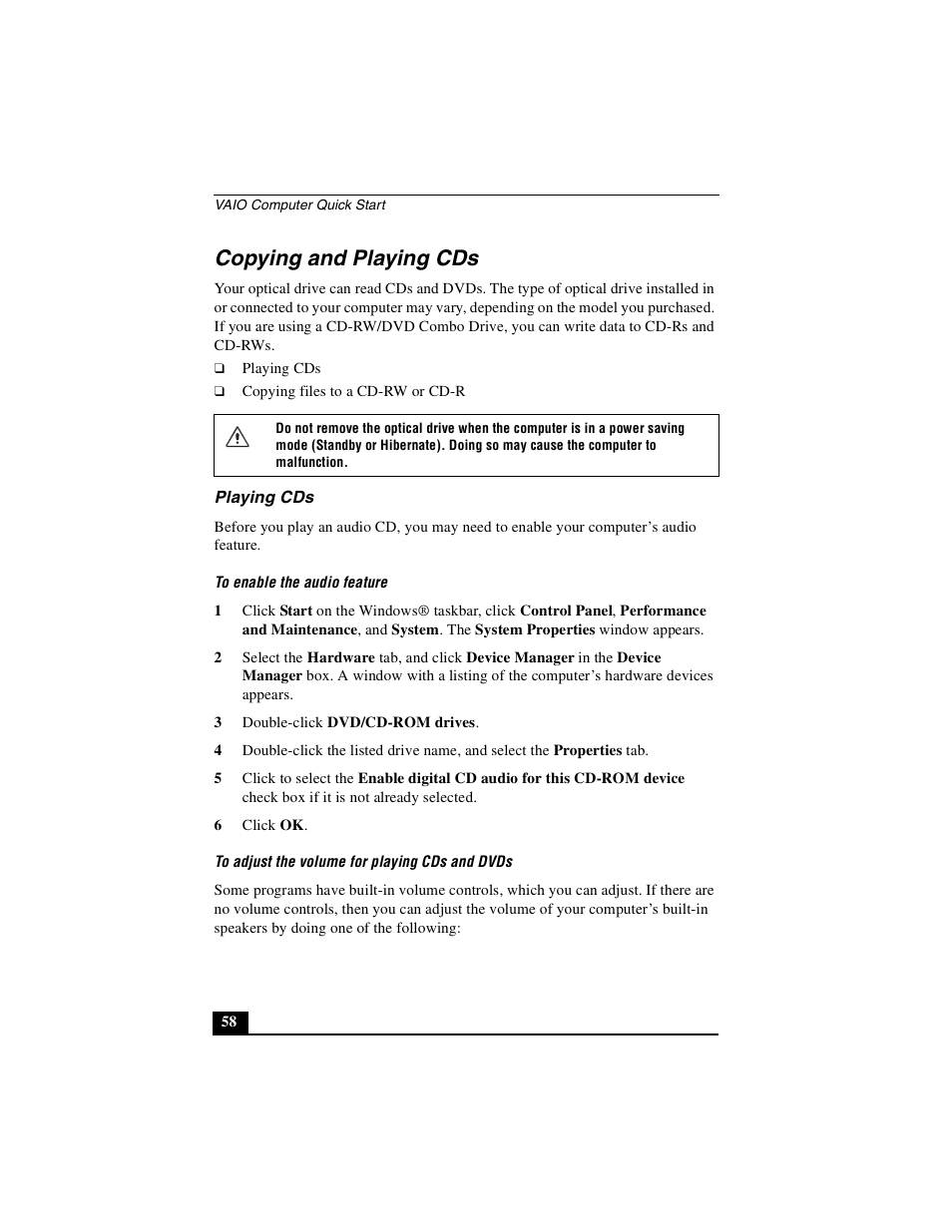 Copying and playing cds, Playing cds | Sony PCG-GRS100 User Manual | Page 58 / 208