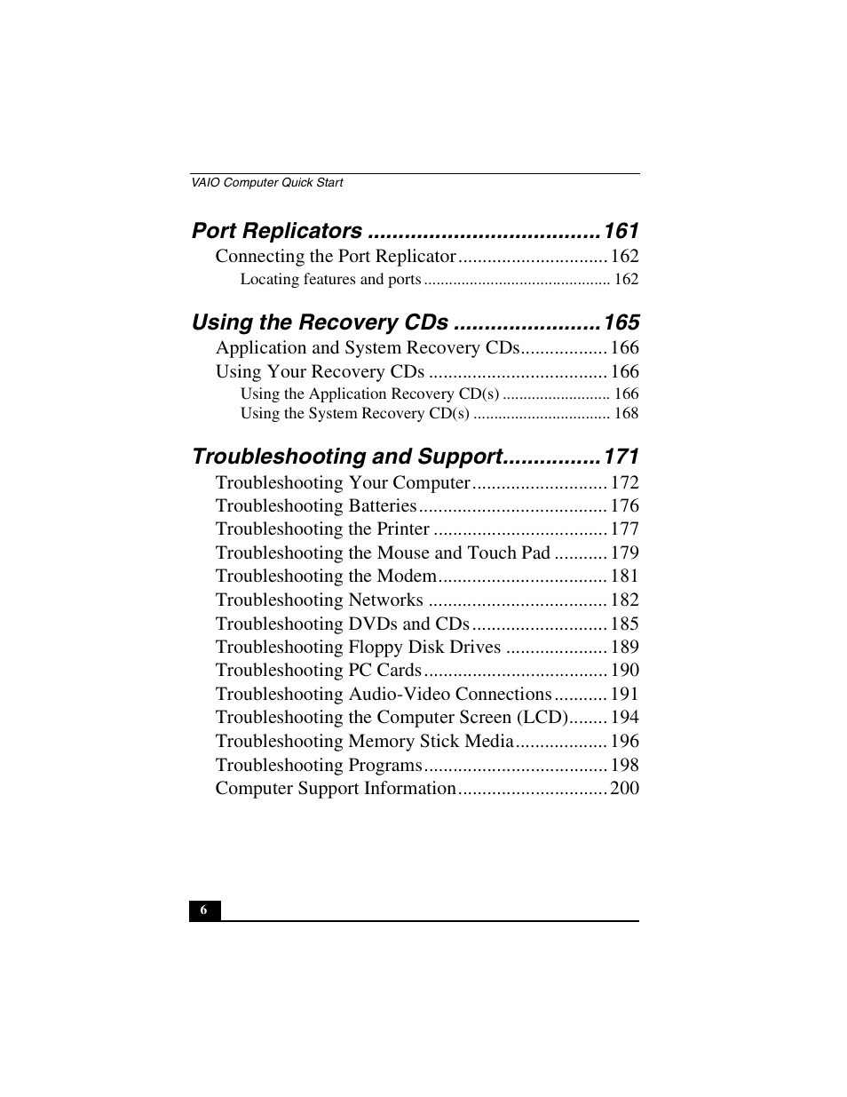 Port replicators, Using the recovery cds, Troubleshooting and support | Sony PCG-GRS100 User Manual | Page 6 / 208