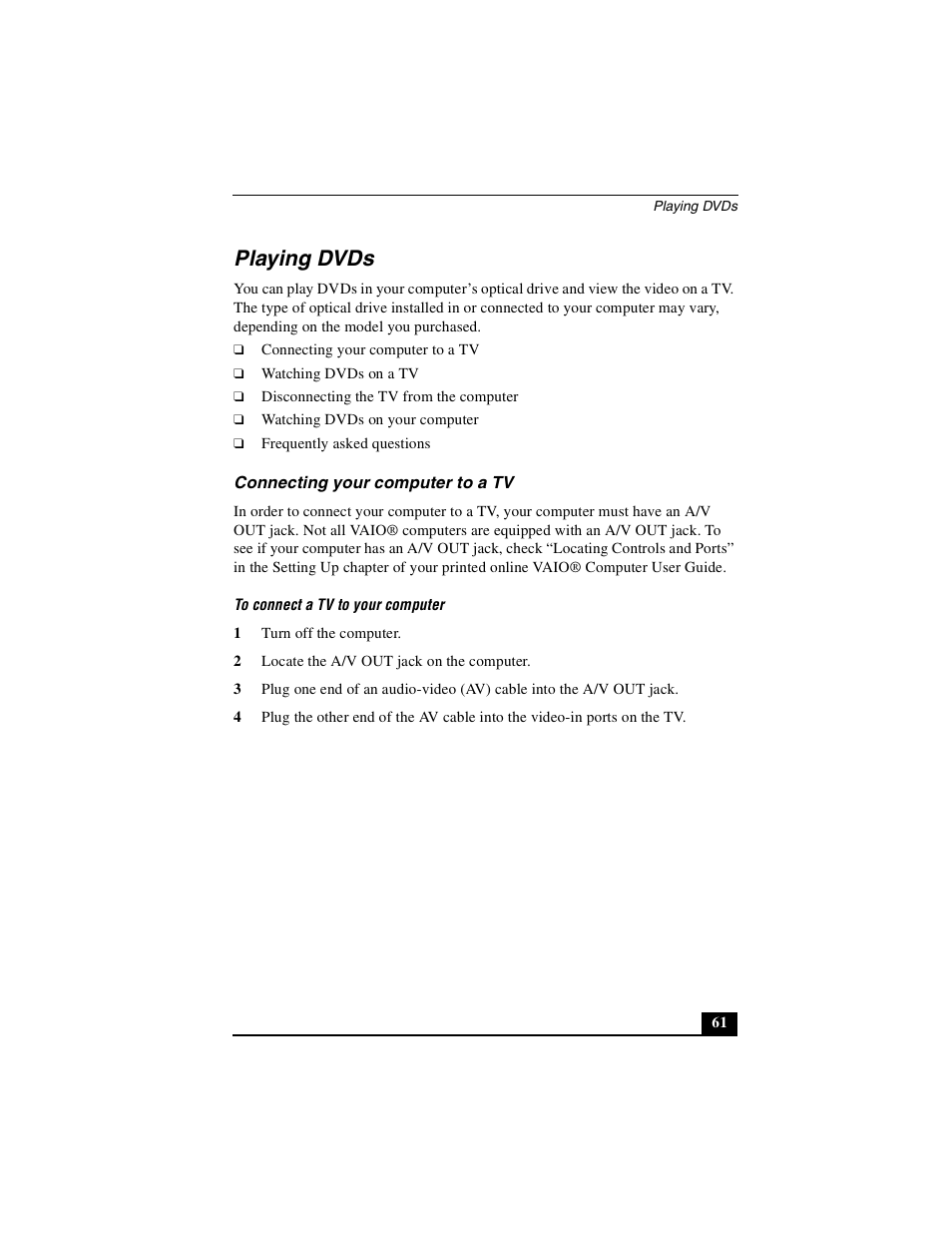 Playing dvds, Connecting your computer to a tv | Sony PCG-GRS100 User Manual | Page 61 / 208