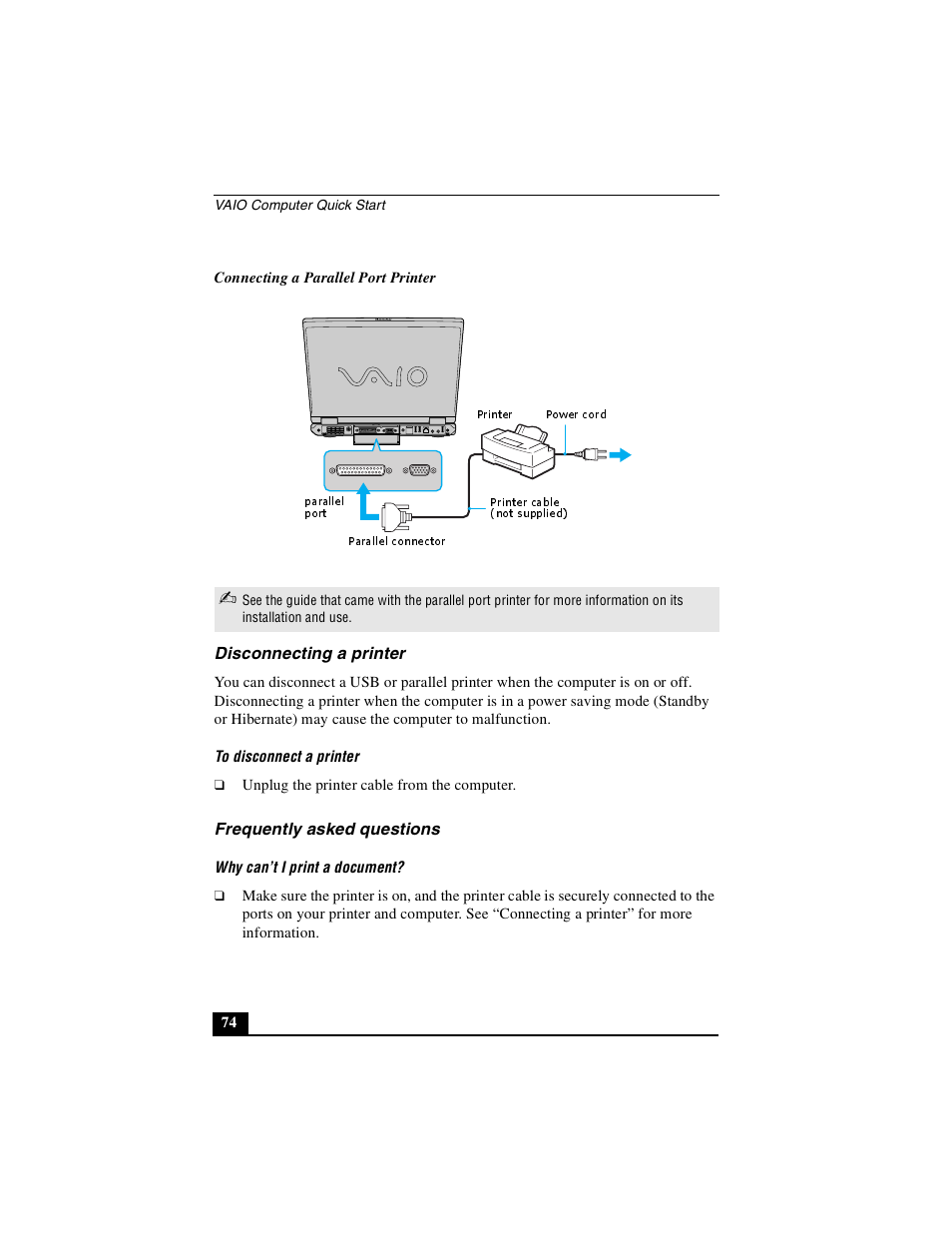 Disconnecting a printer, Frequently asked questions, Disconnecting a printer frequently asked questions | Sony PCG-GRS100 User Manual | Page 74 / 208