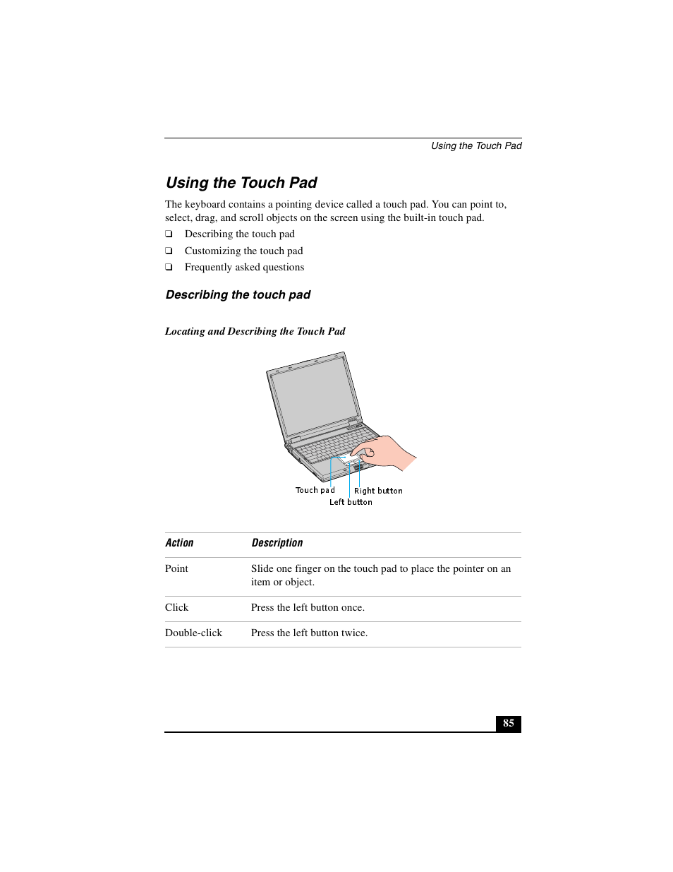 Using the touch pad, Describing the touch pad | Sony PCG-GRS100 User Manual | Page 85 / 208