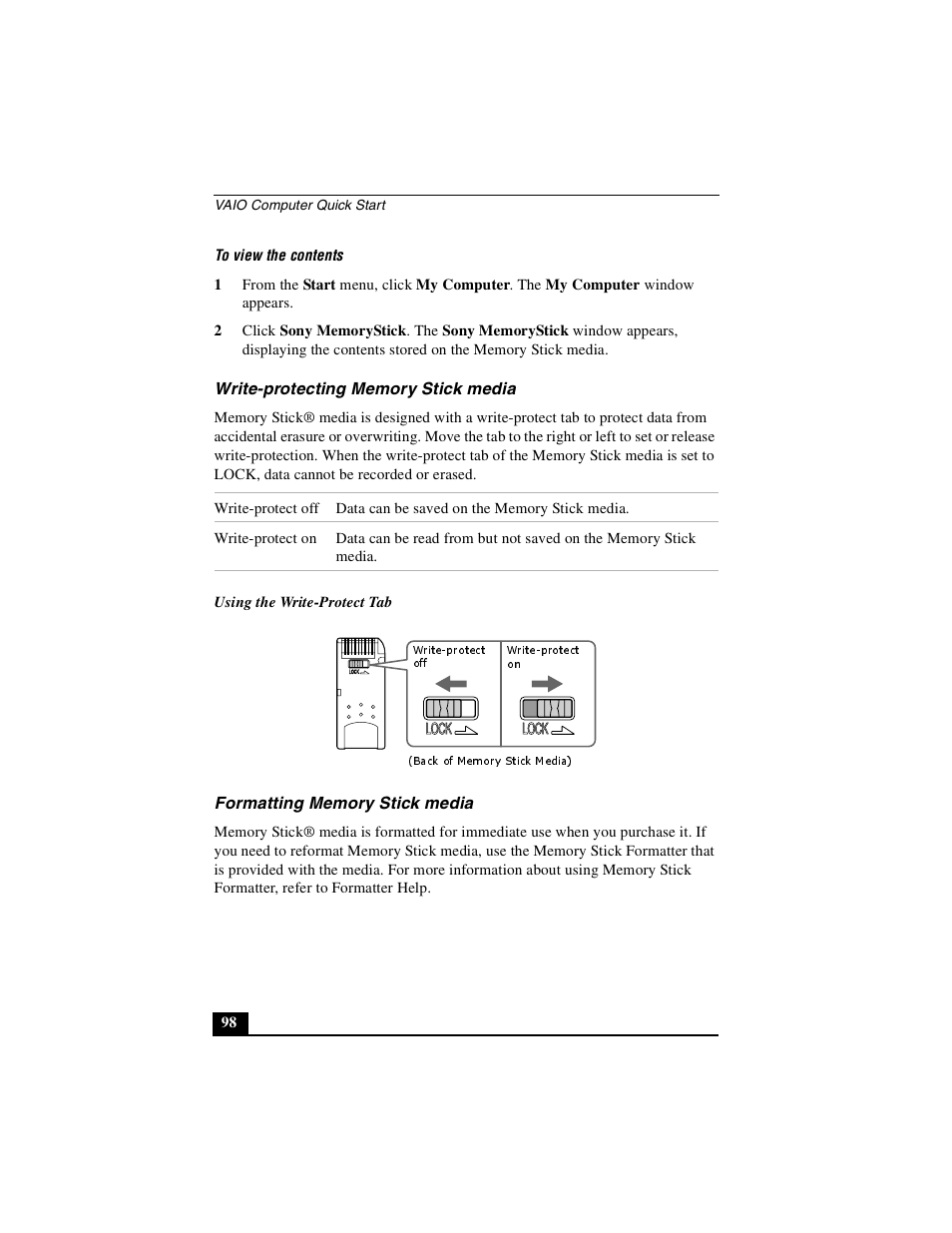 Write-protecting memory stick media, Formatting memory stick media | Sony PCG-GRS100 User Manual | Page 98 / 208