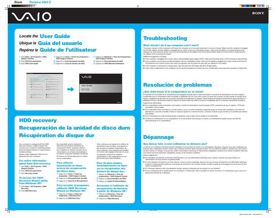 Troubleshooting, Resolución de problemas, Dépannage | User guide, Guía del usuario, Guide de l’utilisateur, Locate the, Ubique la, Repérez le | Sony VGN-FS730 User Manual | Page 2 / 2