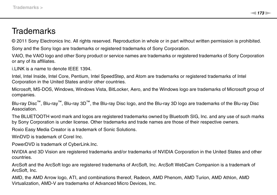 Trademarks | Sony VPCF237FX User Manual | Page 173 / 176