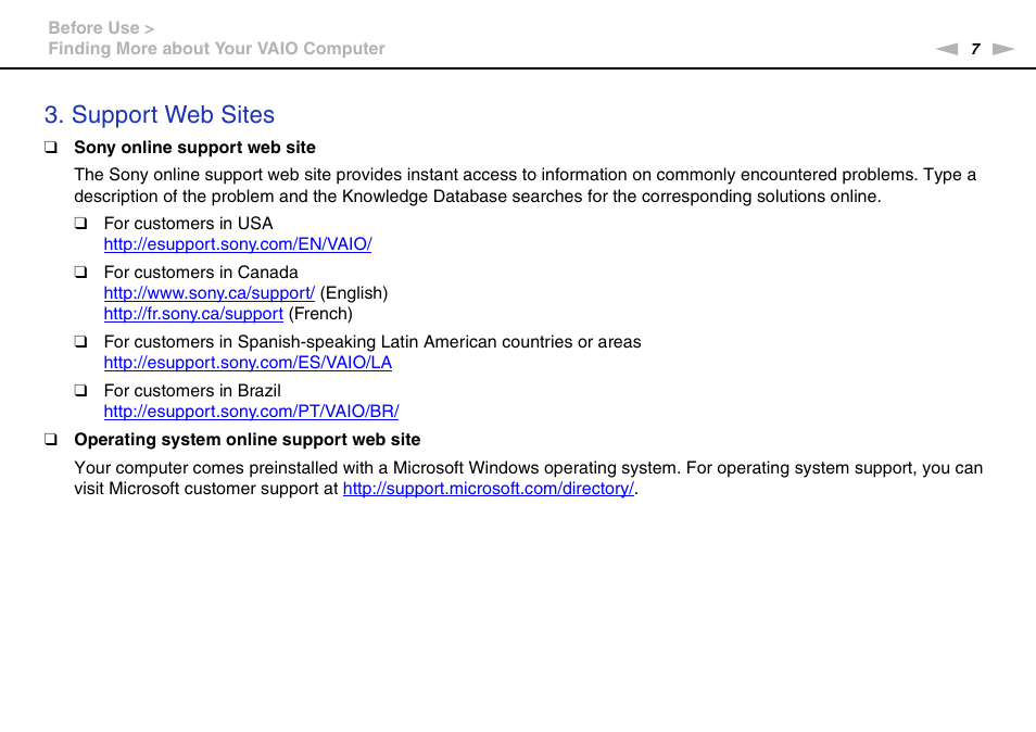Support web sites | Sony VPCF237FX User Manual | Page 7 / 176