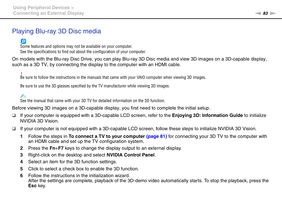 Playing blu-ray 3d disc media | Sony VPCF237FX User Manual | Page 83 / 176