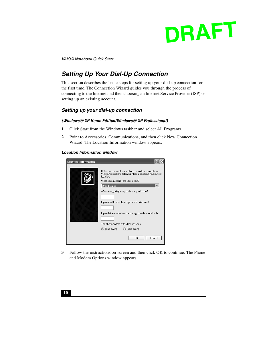 Setting up your dial-up connection, Draft | Sony PCG-GR390P User Manual | Page 10 / 68
