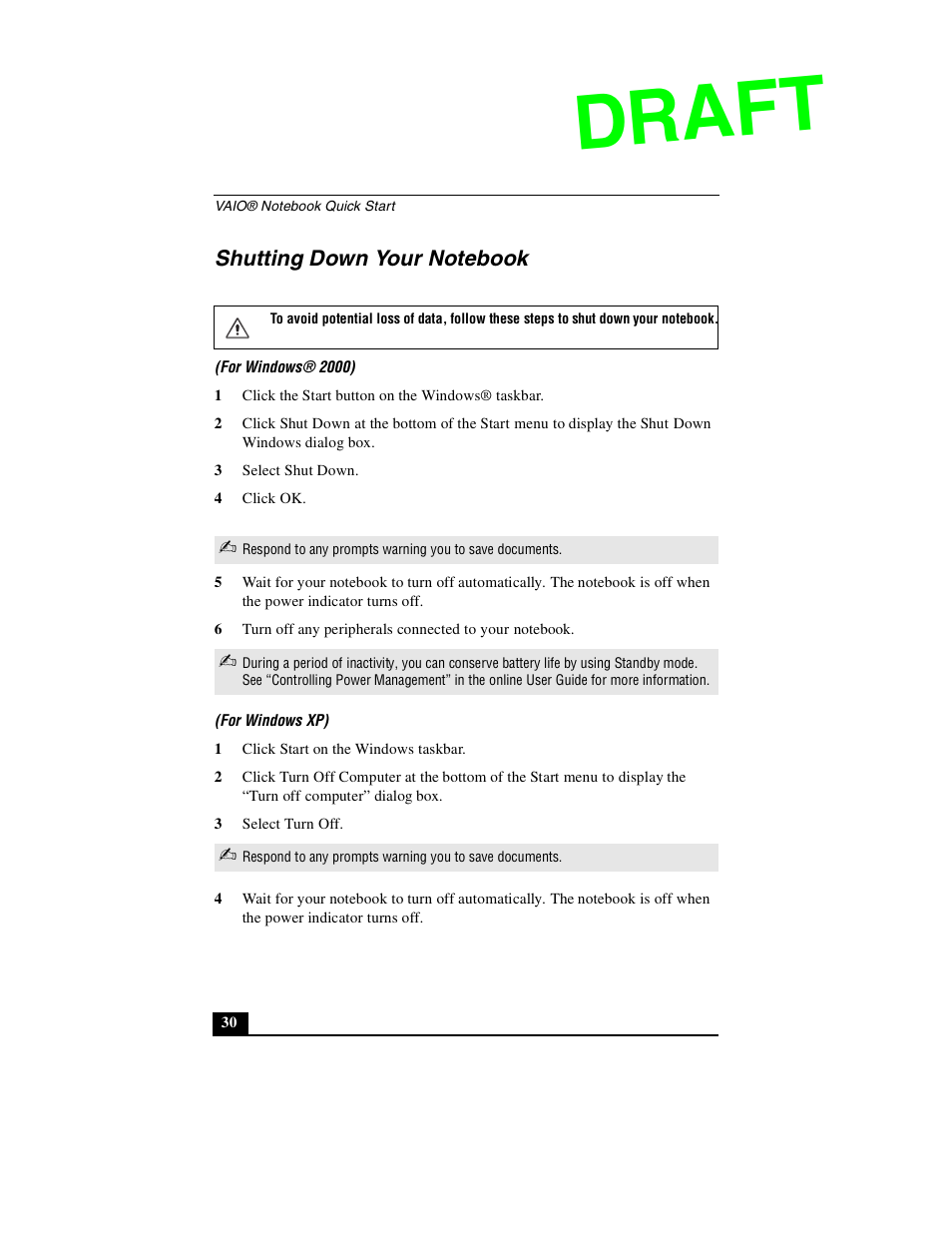 Shutting down your notebook, Draft | Sony PCG-GR390P User Manual | Page 30 / 68