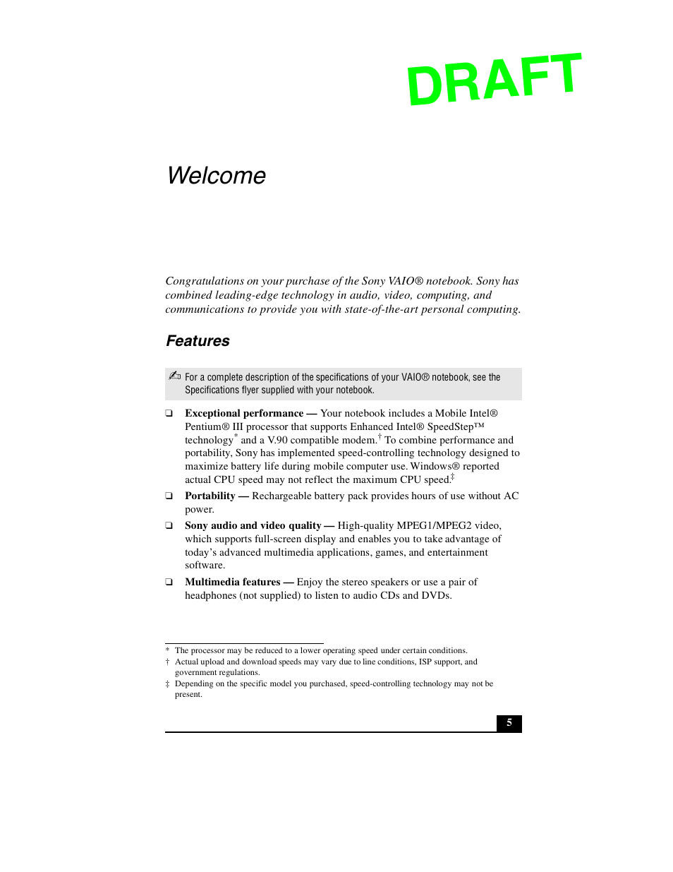 Welcome, Draft, Features | Sony PCG-GR390P User Manual | Page 5 / 68