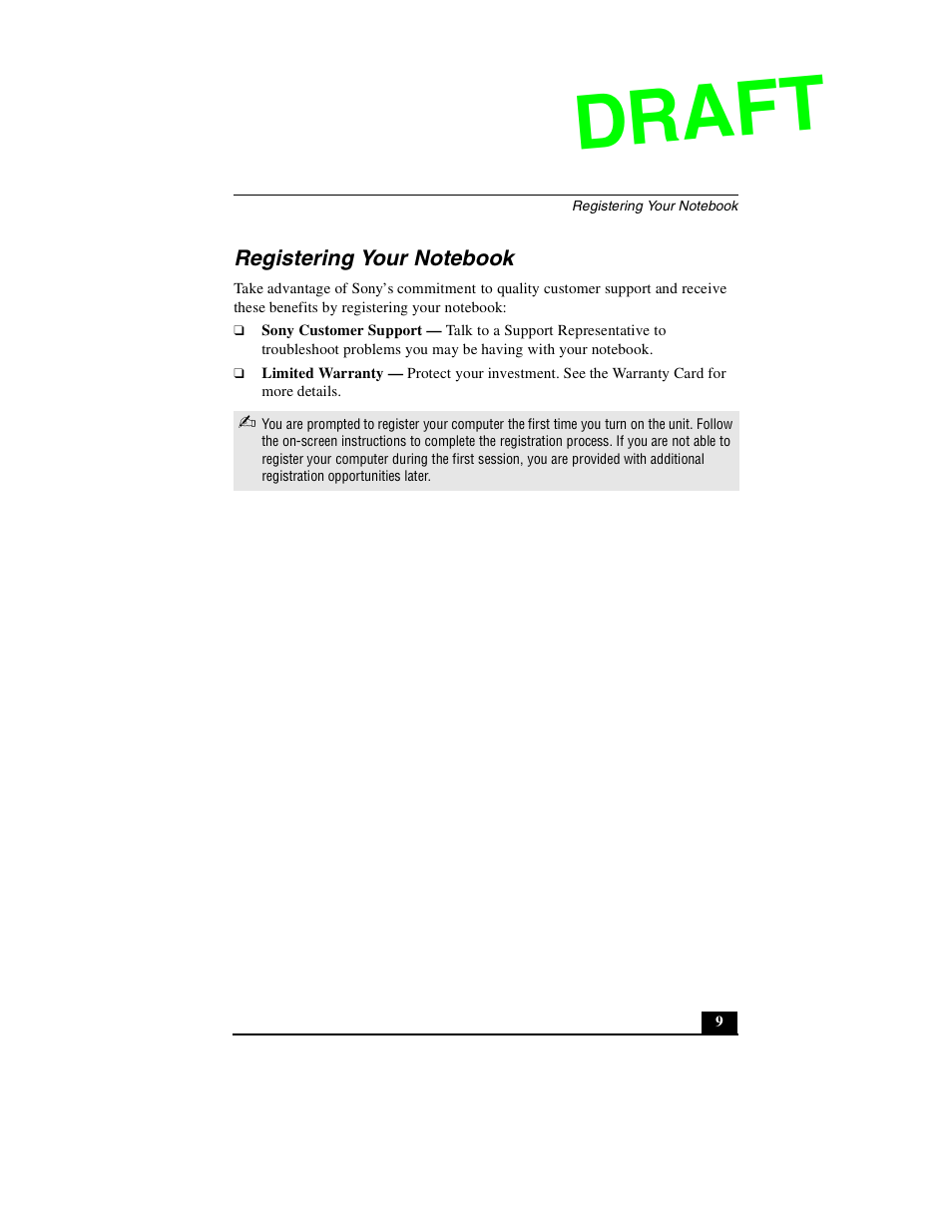 Registering your notebook, Draft | Sony PCG-GR390P User Manual | Page 9 / 68