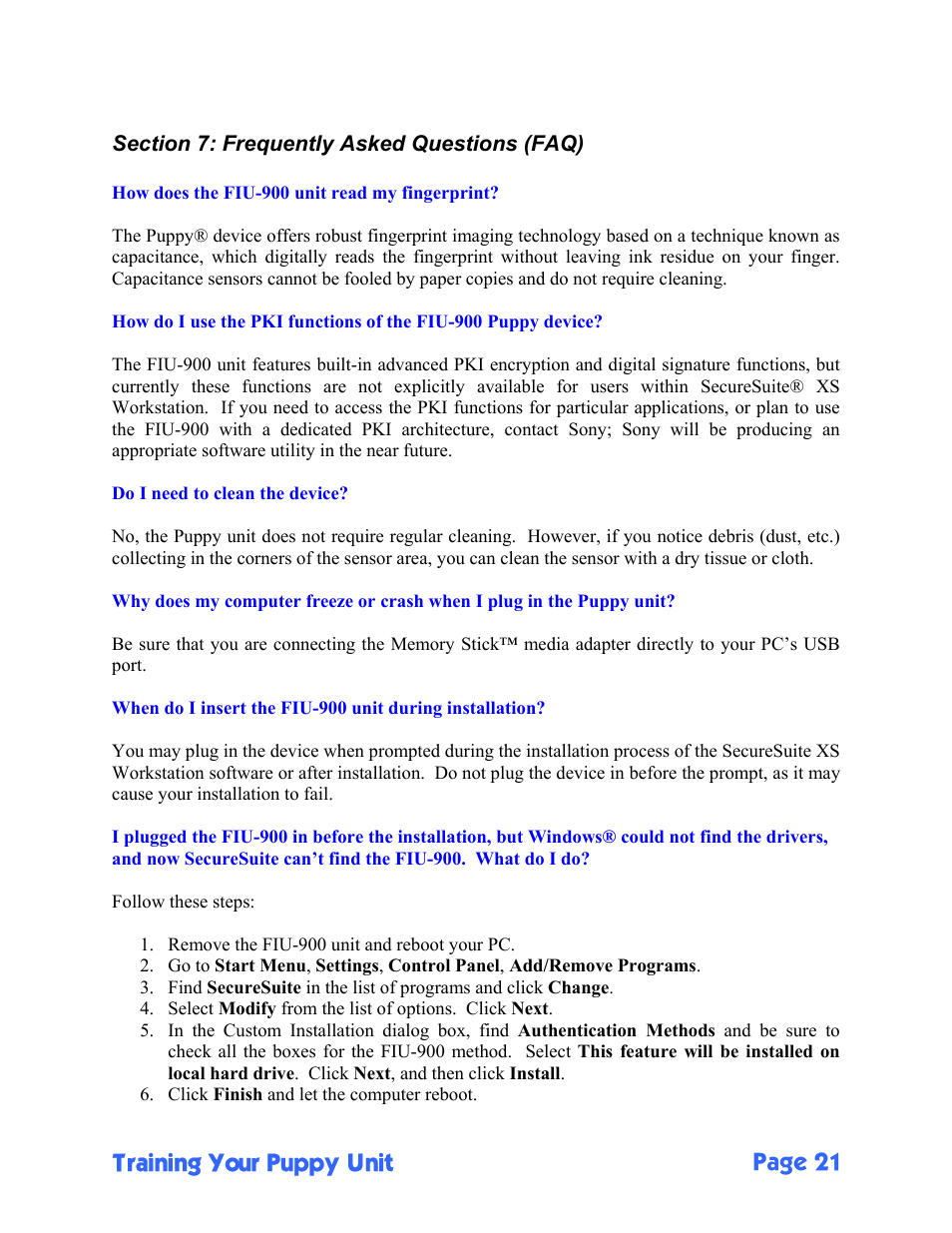 Training your puppy unit page 21 | Sony FIU-900 User Manual | Page 21 / 25