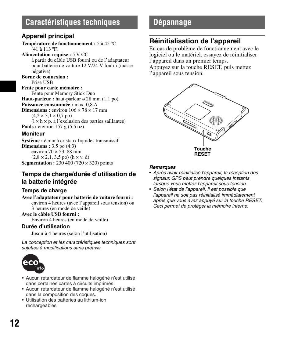 Caractéristiques techniques, Dépannage, Réinitialisation de l’appareil | Sony NV-U44 User Manual | Page 24 / 44