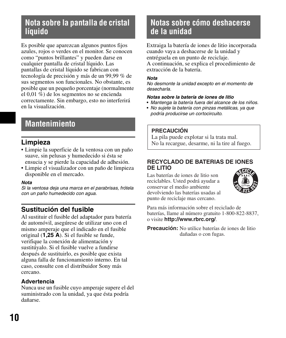 Nota sobre la pantalla de cristal líquido, Mantenimiento, Limpieza | Sustitución del fusible, Notas sobre cómo deshacerse de la unidad, Limpieza sustitución del fusible | Sony NV-U44 User Manual | Page 36 / 44