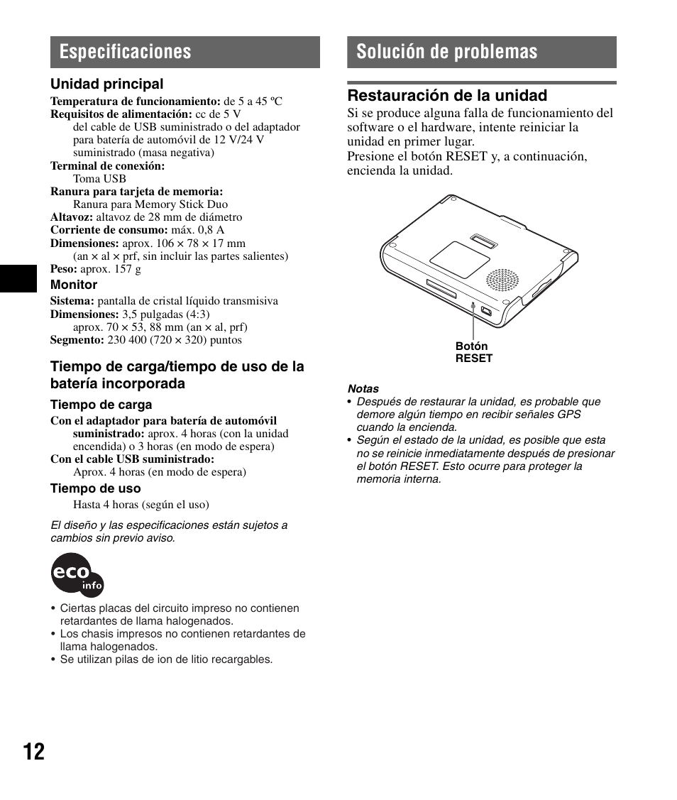 Especificaciones, Solución de problemas, Restauración de la unidad | Sony NV-U44 User Manual | Page 38 / 44