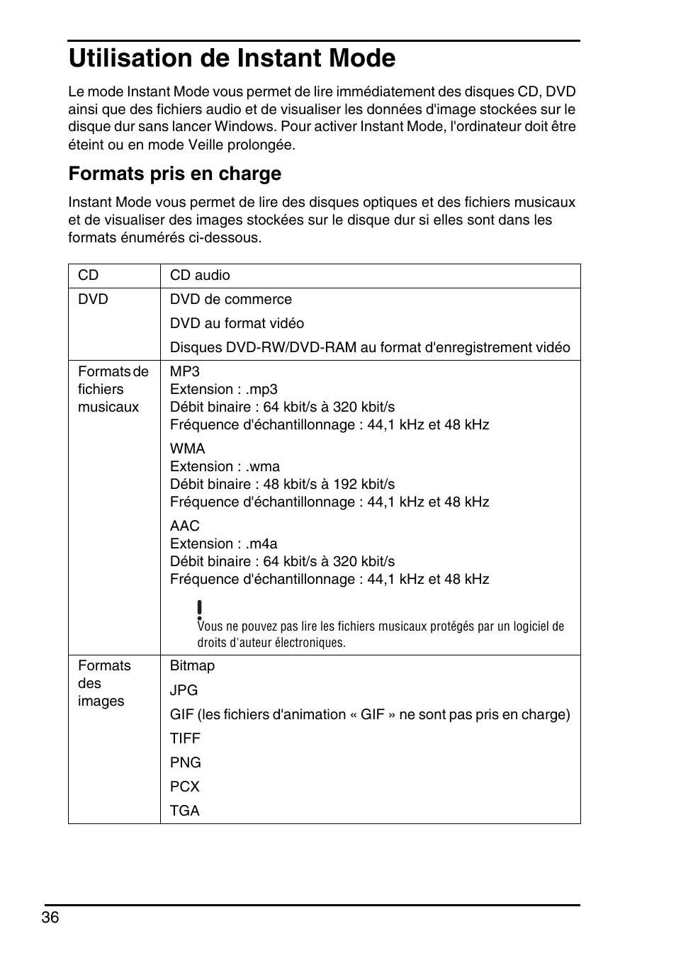 Utilisation de instant mode, Formats pris en charge | Sony VGN-FZ250E User Manual | Page 38 / 68
