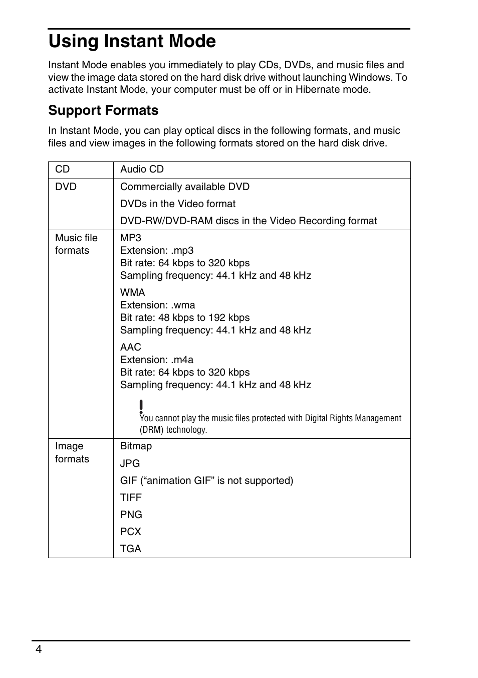 Using instant mode, Support formats | Sony VGN-FZ250E User Manual | Page 6 / 68