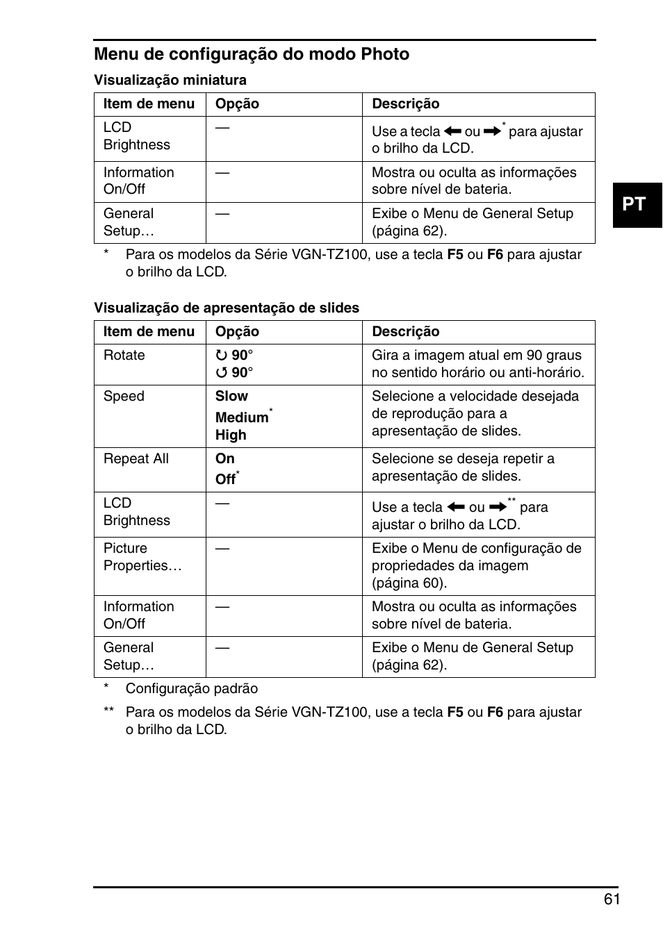 Menu de configuração do modo photo | Sony VGN-FZ250E User Manual | Page 63 / 68
