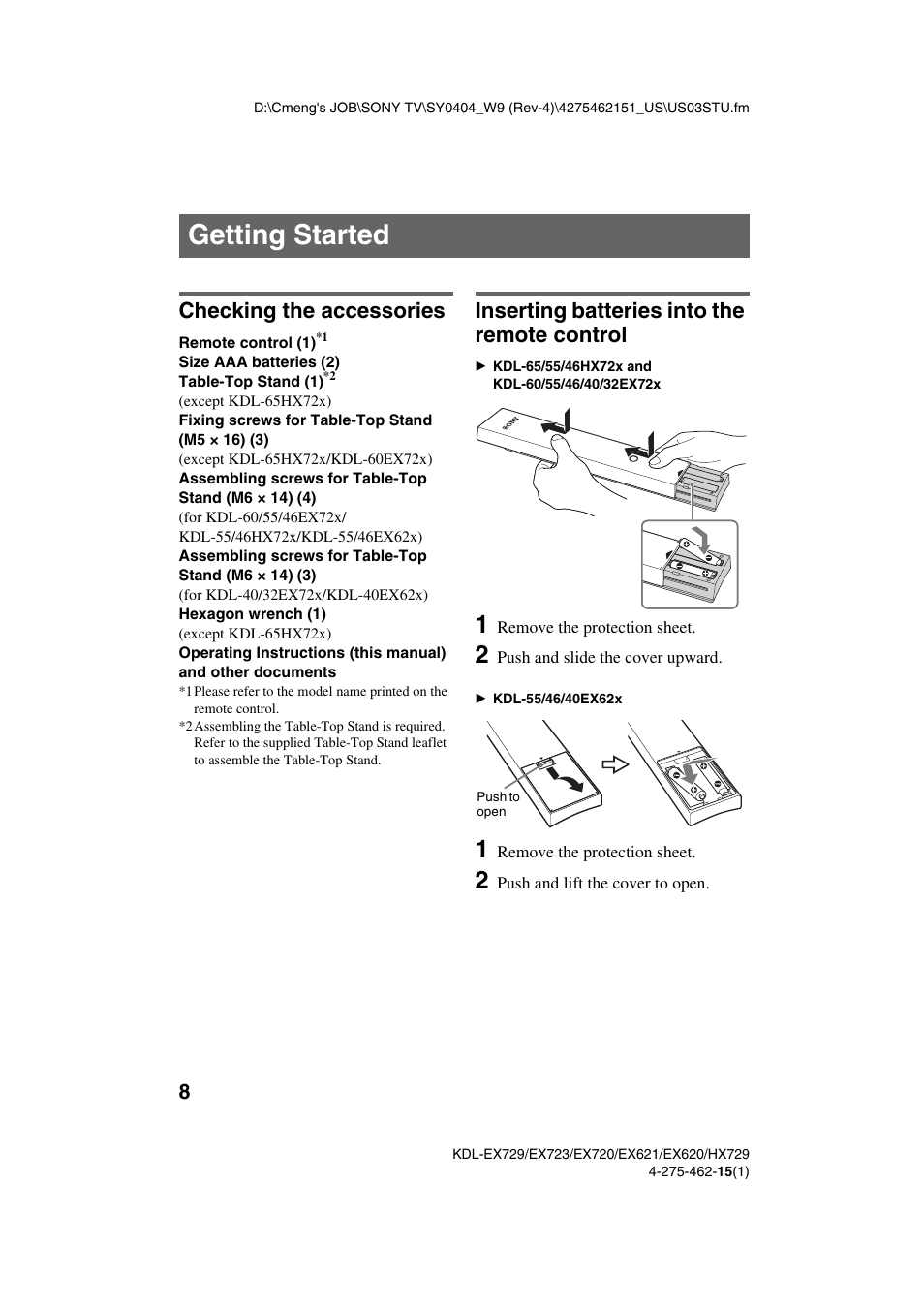 Getting started, Checking the accessories, Inserting batteries into the remote control | Sony KDL-46EX621 User Manual | Page 8 / 36