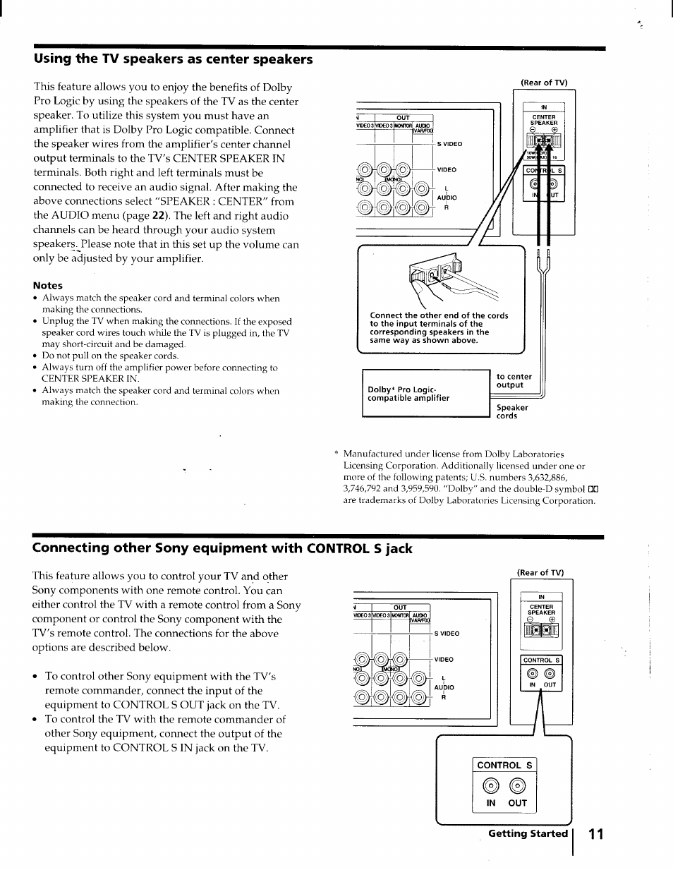Using the tv speakers as center speakers | Sony KV-32XBR45 User Manual | Page 11 / 44