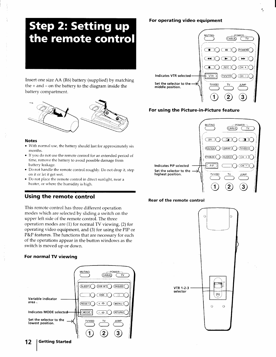 Step 2: setting up the remote control, For operating video equipment, Using the remote control | For normal tv viewing, For using the picture-in-picture feature, D (d | Sony KV-32XBR45 User Manual | Page 12 / 44