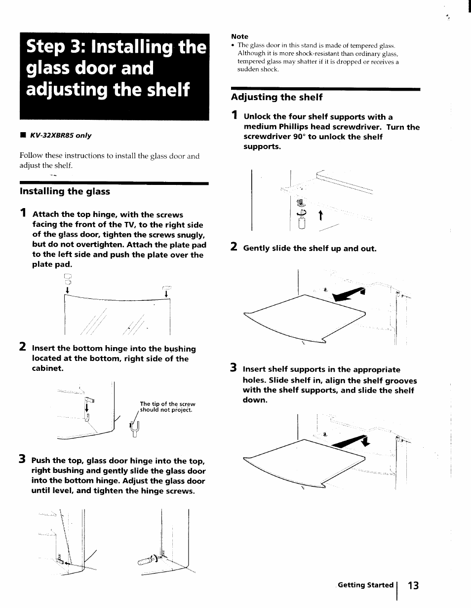Installing the glass, Adjusting the shelf | Sony KV-32XBR45 User Manual | Page 13 / 44