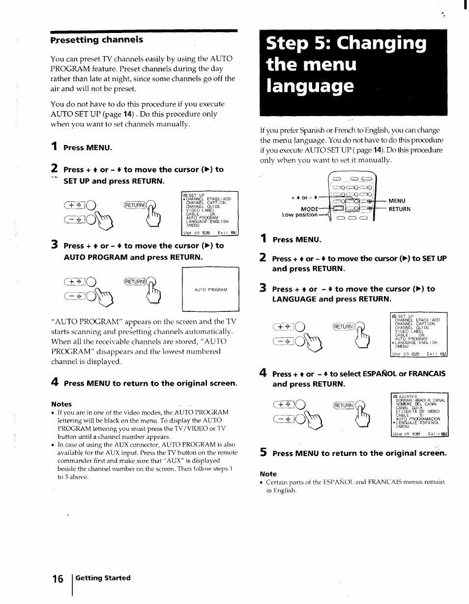 Presetting channels, Step 5: changing the menu language | Sony KV-32XBR45 User Manual | Page 16 / 44