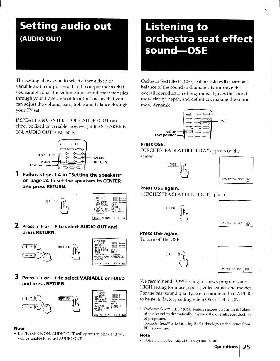 Setting audio out, Audio out), Listening to orchestra seat effect sound—ose | Press ose, Press ose again, Csio | Sony KV-32XBR45 User Manual | Page 25 / 44