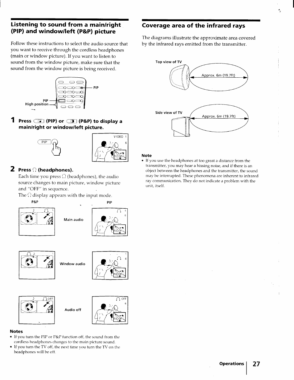 Press d (headphones), Coverage area of the infrared rays, C pip | Sony KV-32XBR45 User Manual | Page 27 / 44