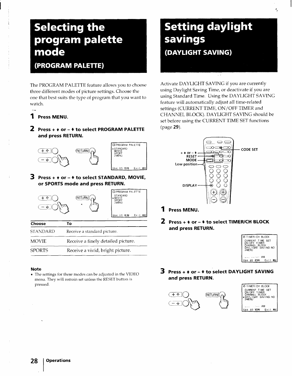 Selecting the program palette mode, Program palette), Setting daylight savings | Daylight saving), 1 press menu | Sony KV-32XBR45 User Manual | Page 28 / 44