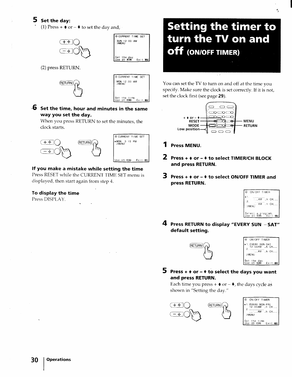 Setting the timer to turn the tv on and, Off (on/off timer), Setting the timer to turn the tv on and off | On/off timer), Set the day, If you make a mistake while setting the time, Press menu | Sony KV-32XBR45 User Manual | Page 30 / 44