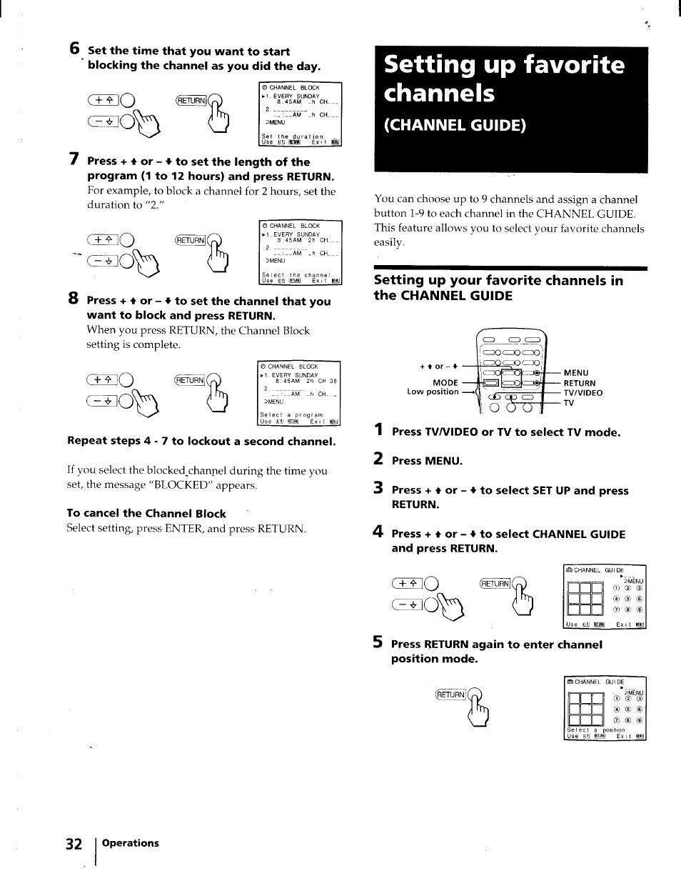 Setting up favorite channels, Channel guide), Ciso | Ceso, Repeat steps 4 - 7 to lockout a second channel, Press tv/video or tv to select tv mode, Press menu, Press + 4 or - 4 to select set up and press return, Press return again to enter channel position mode | Sony KV-32XBR45 User Manual | Page 32 / 44