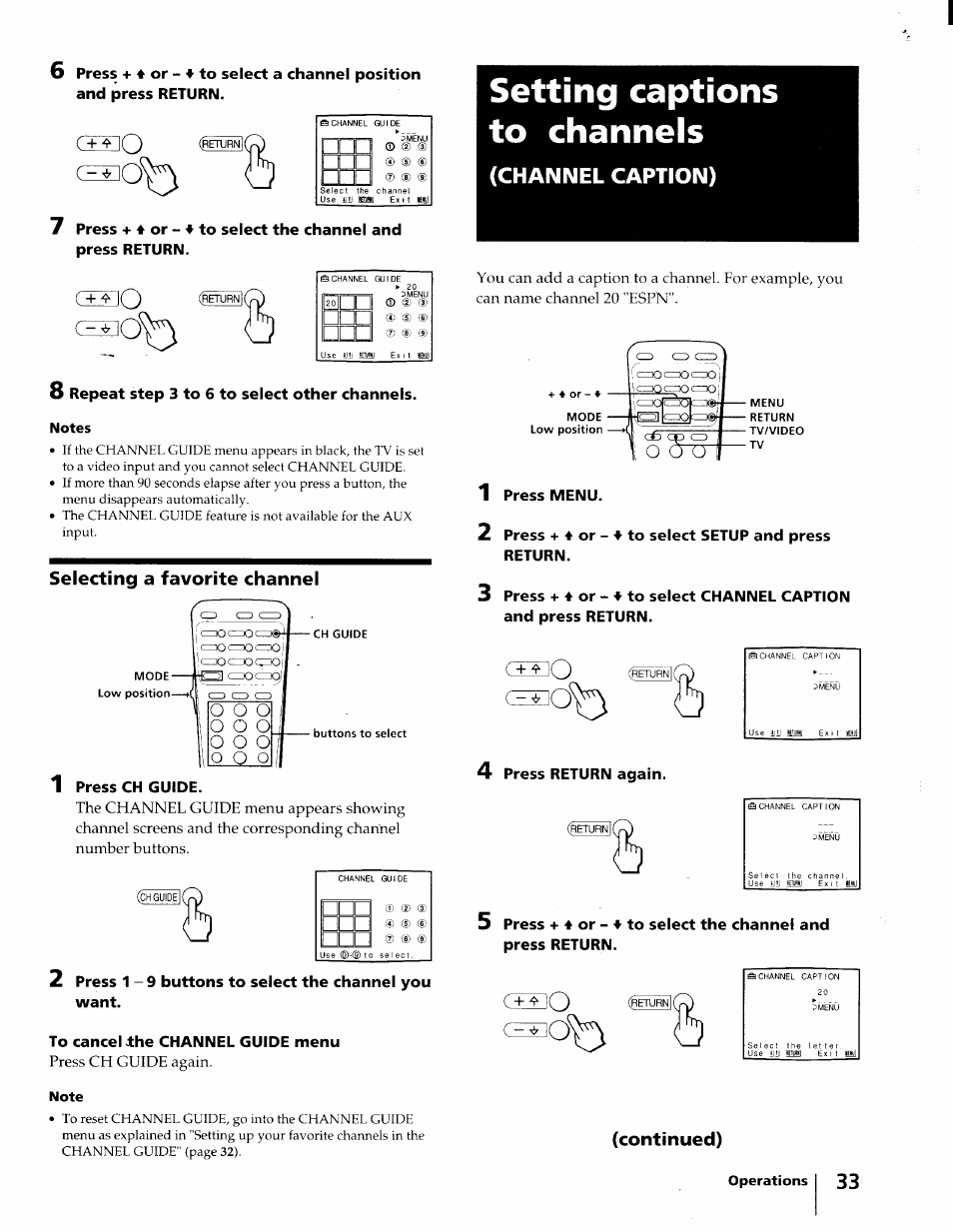 Selecting a favorite channel, Setting captions to channels, Channel caption) | O o o, Continued) | Sony KV-32XBR45 User Manual | Page 33 / 44