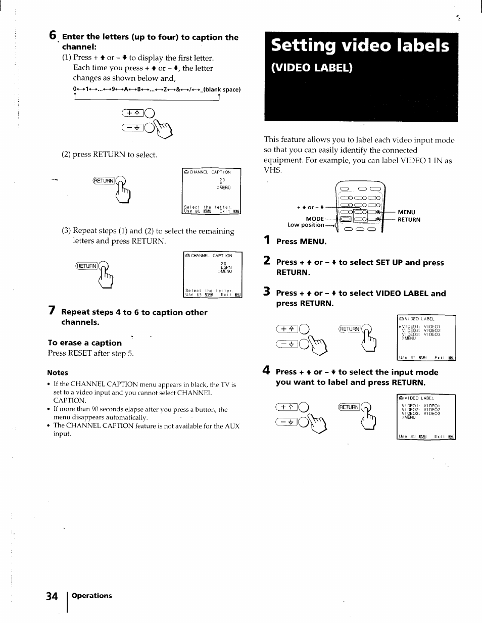 Setting video labels, Video label), C+bo | Press menu, Operations | Sony KV-32XBR45 User Manual | Page 34 / 44