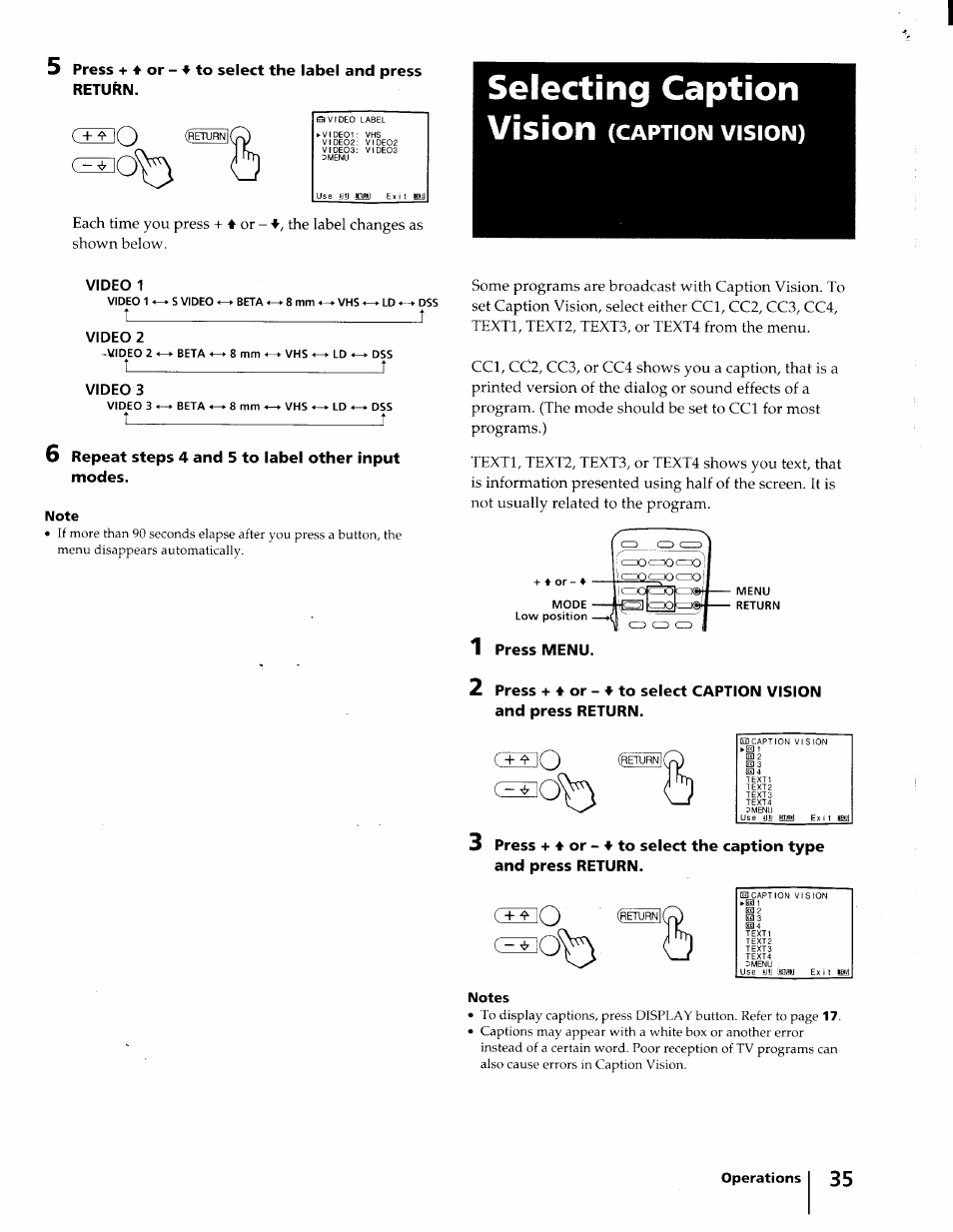 6 repeat steps 4 and 5 to label other input modes, Selecting caption, Vision (caption vision) | Ct^o | Sony KV-32XBR45 User Manual | Page 35 / 44