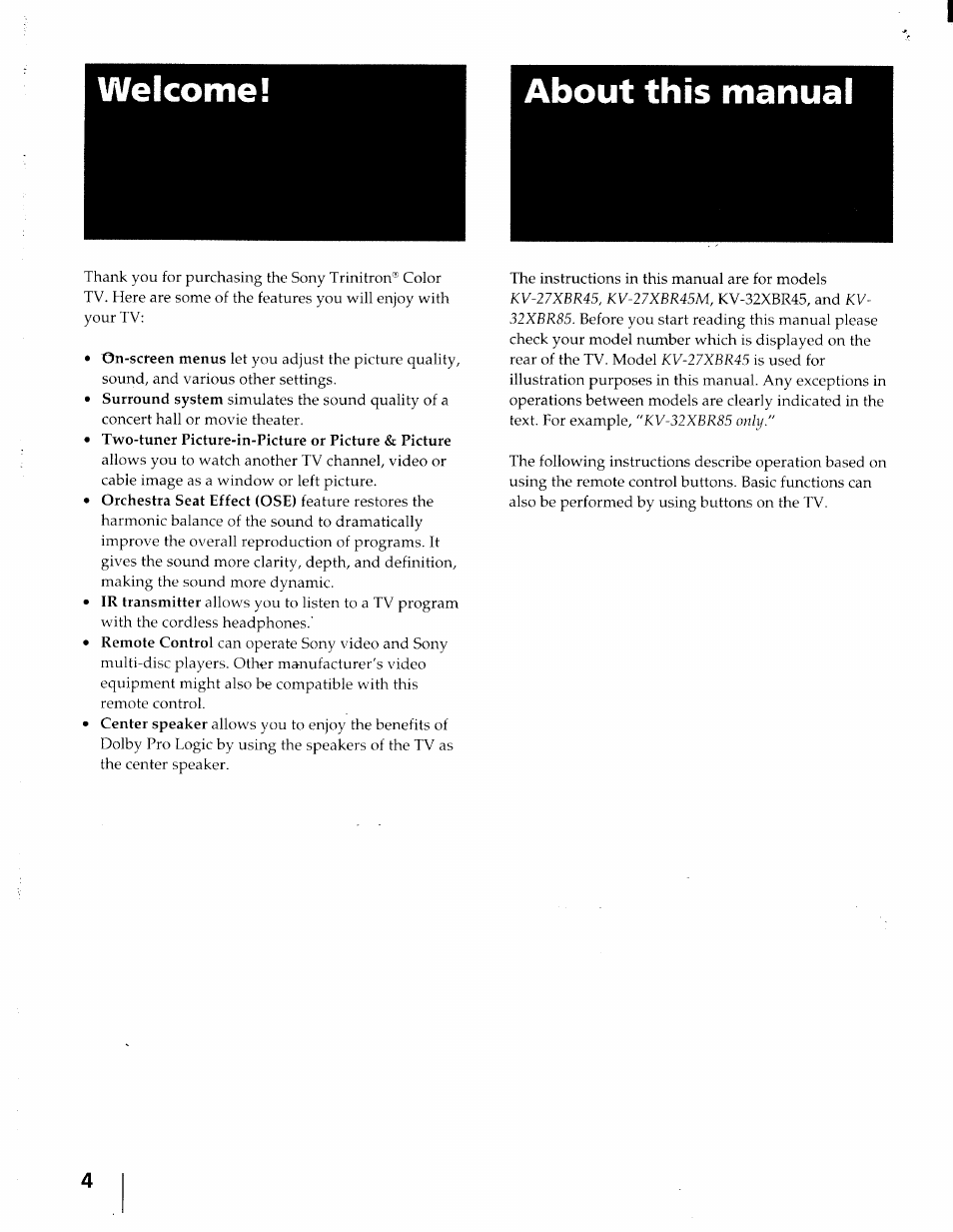 About this manual, Welcome! about this manual | Sony KV-32XBR45 User Manual | Page 4 / 44