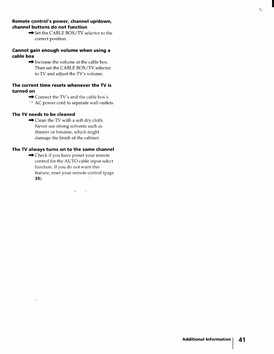 Cannot gain enough volume when using a cable box, The tv needs to be cleaned, The tv always turns on to the same channel | Sony KV-32XBR45 User Manual | Page 41 / 44