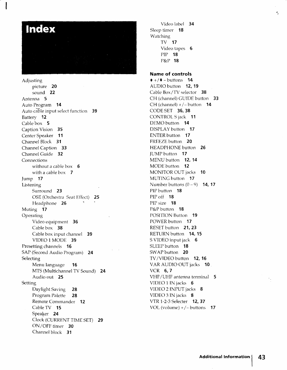 Index | Sony KV-32XBR45 User Manual | Page 43 / 44
