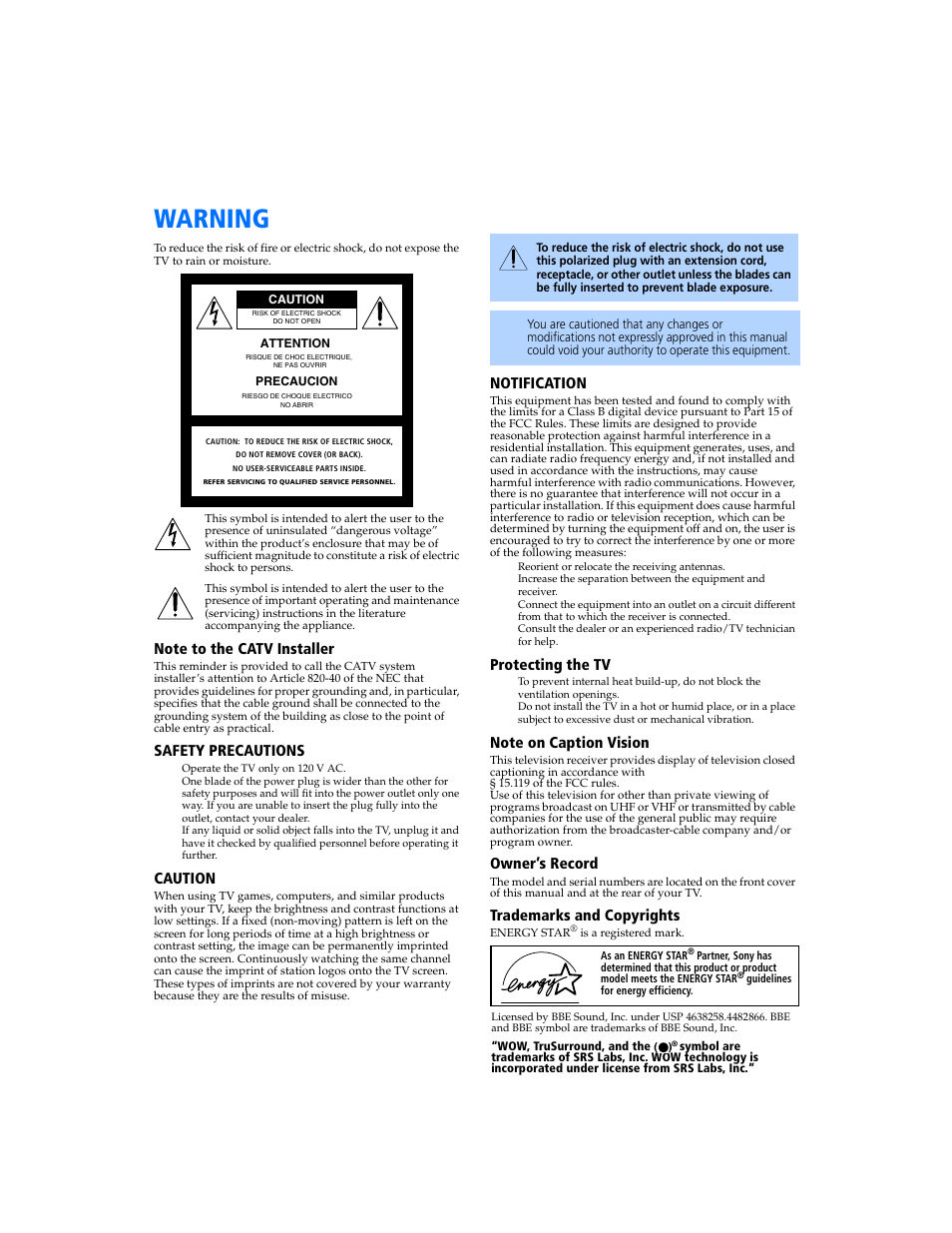 Warning, Connecting additional equipment, Safety precautions | Caution, Notification, Protecting the tv, Owner’s record, Trademarks and copyrights | Sony KV-27FV300 User Manual | Page 2 / 66