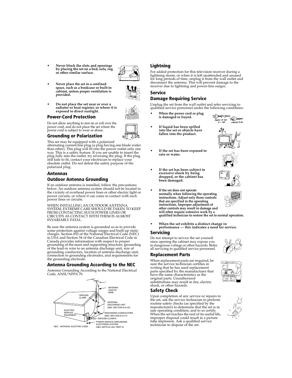 Connecting additional equipment, Power-cord protection, Grounding or polarization | Antennas outdoor antenna grounding, Antenna grounding according to the nec, Lightning, Service damage requiring service, Servicing, Replacement parts, Safety check | Sony KV-27FV300 User Manual | Page 4 / 66