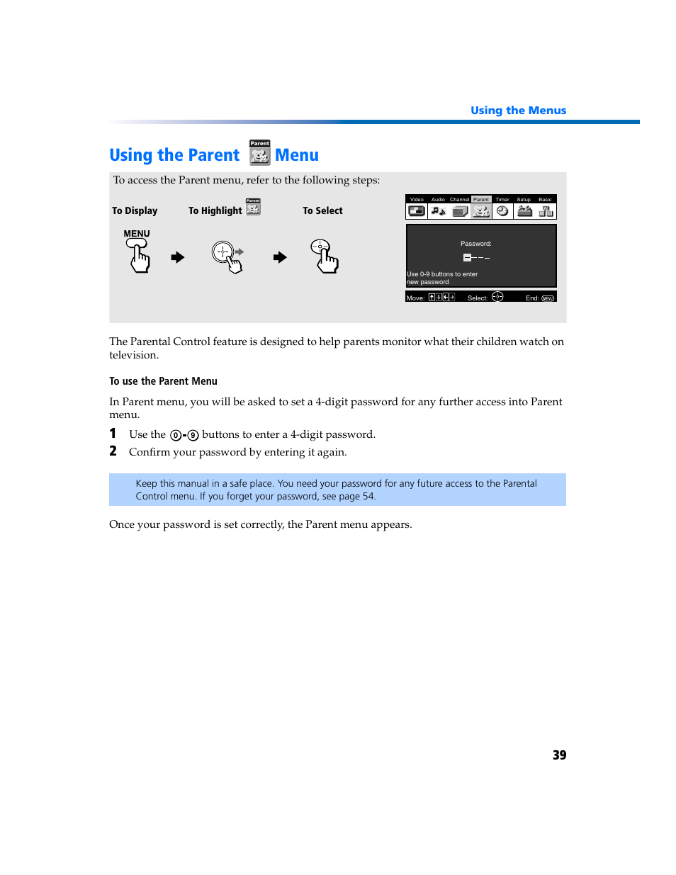 Using the parent menu | Sony KV-27FV300 User Manual | Page 46 / 66