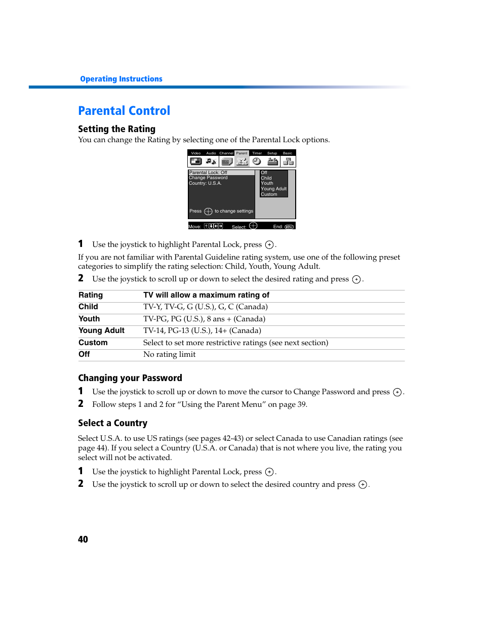 Parental control, Setting the rating, Changing your password | Select a country | Sony KV-27FV300 User Manual | Page 47 / 66