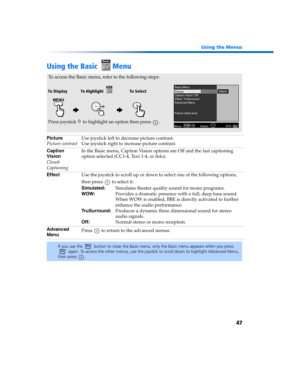 Using the basic menu | Sony KV-27FV300 User Manual | Page 54 / 66