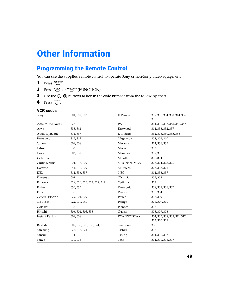 Other information, Programming the remote control | Sony KV-27FV300 User Manual | Page 56 / 66