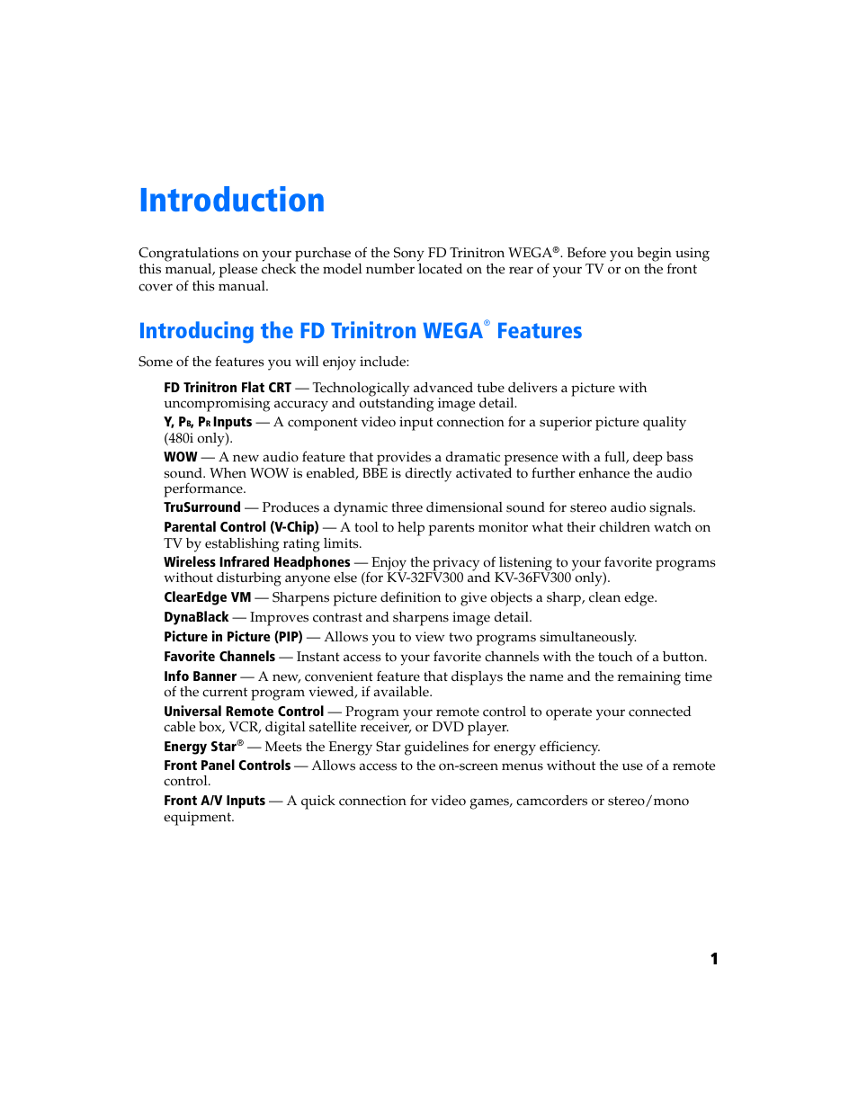 Introduction, Introducing the fd trinitron wega features | Sony KV-27FV300 User Manual | Page 8 / 66